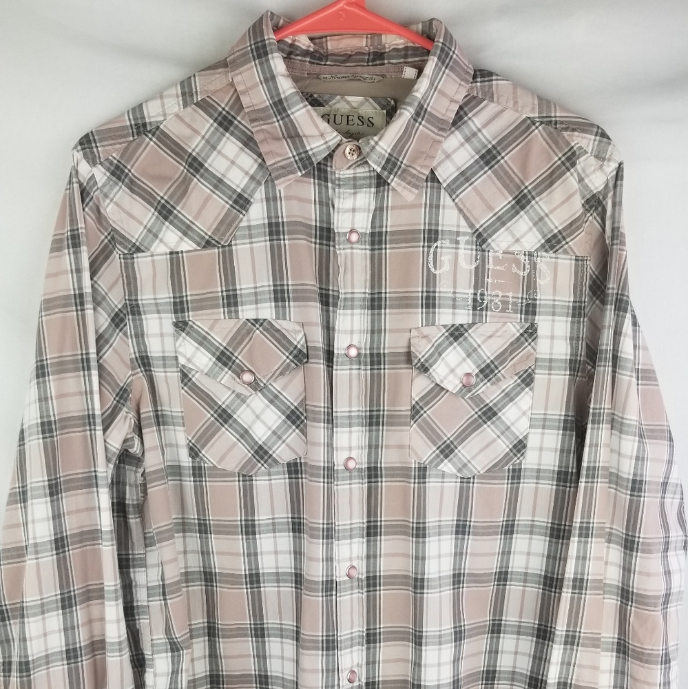 Guess Mens Pink and Gray Plaid